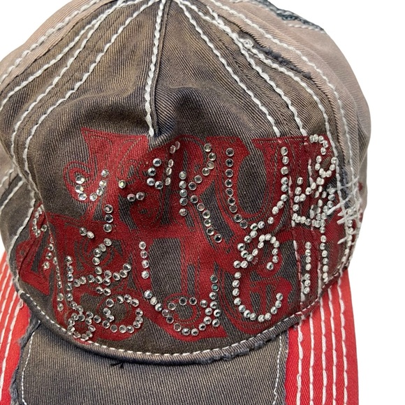 Y2K Vintage True Religion Jeans Rhinestone Mesh Trucker Hat TRBJ Grunge - Picture 3 of 15